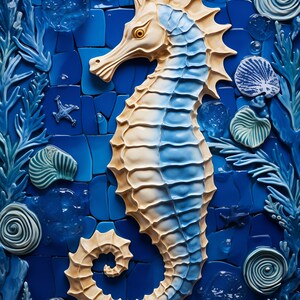 May include: A blue and beige ceramic seahorse sculpture with a detailed textured surface. The seahorse is surrounded by blue and white ceramic sea life and plants.