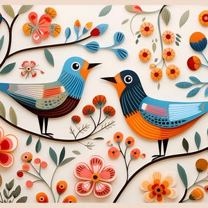 May include: Two colorful paper birds perched on branches with a white background. The birds are decorated with geometric patterns in shades of blue, orange, and green. The branches are adorned with flowers in shades of red, orange, and yellow.