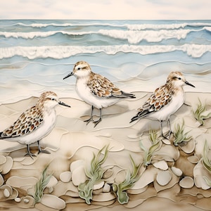 Sanderlings Ceramic Tile or Mural. Coastal Birds Tile.