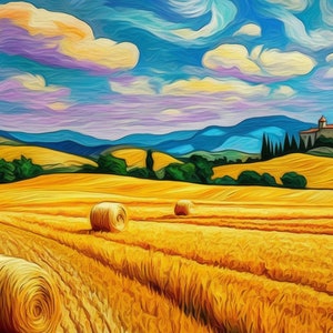 May include: An impressionistic painting of a golden wheat field under a blue sky with fluffy clouds. Several hay bales are scattered across the field. In the background, rolling hills and a building with a red roof are visible. Two tall, slender trees stand on the left.