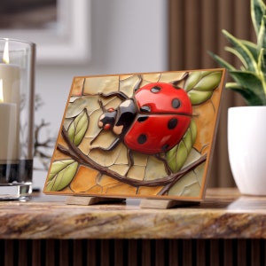 May include: A ceramic wall plaque featuring a 3D ladybug on a leafy branch. The ladybug is red with black spots and has a black head. The leaves are green and the background is a mosaic of brown, yellow, and orange.