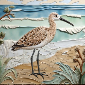 May include: A ceramic tile mural depicting a brown and white shorebird standing on a sandy beach with green plants and blue ocean waves in the background.