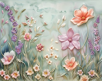 Floral Accent Tiles. Mauve and Mint Decorative Flowers Kitchen Tiles.