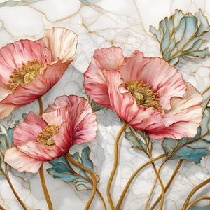 May include: Close-up of a floral design featuring pink poppies with yellow centers and light blue leaves. The flowers are set against a white marble background with gold veining. The image has a 3D effect.