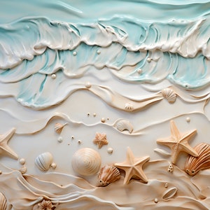 May include: A white and blue 3D relief sculpture of a beach scene with waves, sand, seashells, and starfish.