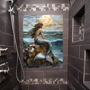 May include: A mermaid with long flowing brown hair sits on a rock with a blue tail. The background is a blue ocean with a yellow sun.