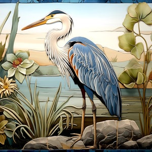 Ceramic One Heron Tile or Mural. Big Bird Mosaic.