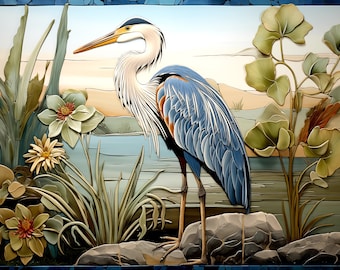 Ceramic One Heron Tile Backsplash. Big Bird Mosaic.