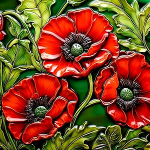 May include: Close-up of three red poppies with green leaves. The poppies are painted in a realistic style with glossy paint.