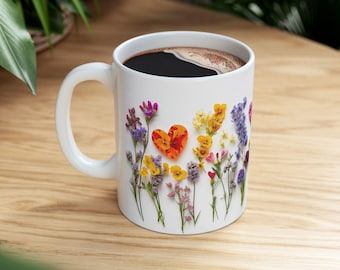 Floral Heart Ceramic Mugs - Set of 2 - Charming Coffee Cups