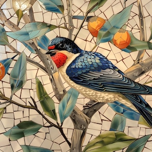 May include: A blue and white bird with a red breast perched on a branch of a tree with green leaves and orange fruit. The image is made of small, colorful tiles.