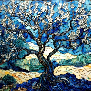 Tree of Life Ceramic Tile, Van Gogh Style Decorative Mural, Blooming Tree Wall Mosaic