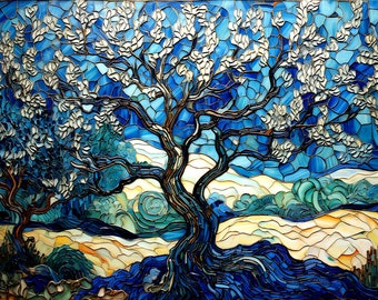 Tree of Life Ceramic Tile, Van Gogh Style Decorative Mural, Blooming Tree Wall Mosaic