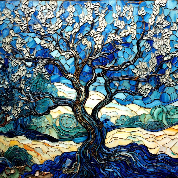 Tree of Life Ceramic Tile, Van Gogh Style Decorative Mural, Blooming Tree Wall Mosaic