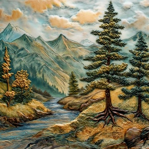 May include: A painting of a mountain landscape with a river flowing through it. The mountains are green and brown, and the river is blue. There are trees on both sides of the river, and the sky is cloudy.