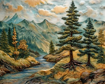 Mountain River Ceramic Backsplash. Mountain Landscape Decorative Tiles.