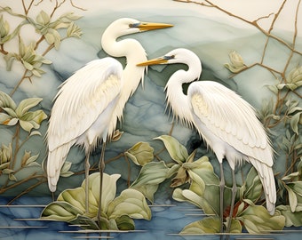 Egrets on the Marsh Tile or Mural.