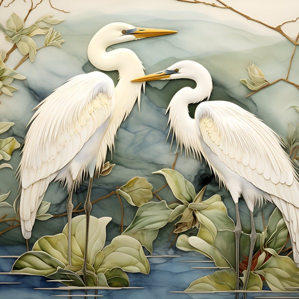 Egrets on the Marsh Tile or Mural.
