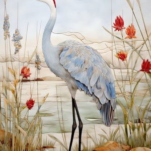 Sandhill Crane Ceramic Tiles or Murals - Set of 2, Decorative Cranes on the Marsh Tiles/Mosaics.