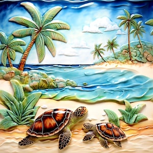 Sea Turtles Ceramic Backsplash, Turtles on the Beach Shower Insert, Palm Trees and Turtles by the Ocean Mosaic.