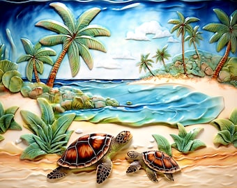 Sea Turtles Ceramic Tile or Mural, Turtles on the Beach Tile, Palm Trees and Turtles by the Ocean Mosaic