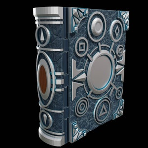 May include: A silver and blue book with a detailed design of circles, squares, and triangles. The book has a silver spine and a wooden inlay on the front cover.