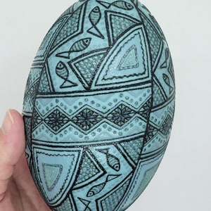 Etched Emu -  egg with fish motifs