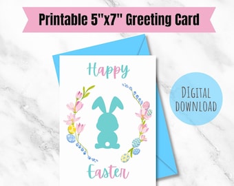 Blue easter bunny greeting card happy easter printable card for spring floral greeting card printable greeting card easter gift for spring