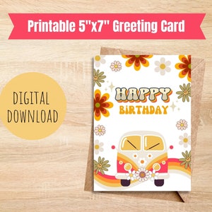 Tarjeta de cumpleaños imprimible tarjeta retro groovy para cumpleaños flower power 70s tema tarjeta de cumpleaños descarga digital tarjeta de 5x7 pulgadas