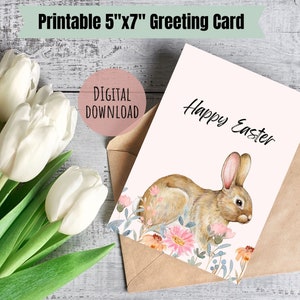 Biglietto di auguri di buona Pasqua stampabile con coniglietto di Pasqua floreale per il download digitale Biglietto da 5x7 pollici per cesto regalo di Pasqua
