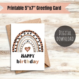 Cartão de felicitações para impressão de feliz aniversário boho arco-íris retrô leopardo cartão de aniversário para seu presente de aniversário cartão de ideia para comemoração de festa de aniversário