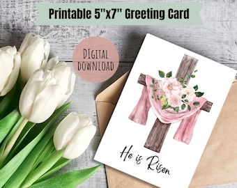 Religious easter card printable floral cross he is risen greeting card print bible verse digital greeting card for spring floral christian