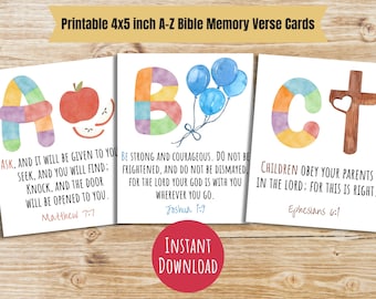 Alphabet bible verse cards printable A-Z bible verse memory cards for kids scripture cards Christian ABC memory cards baptism gift for kids