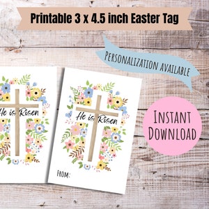 Easter gift tag printable He is risen Easter tag religious Easter gift tag Easter bunny tag Easter cross gift tag for Easter sunday gift