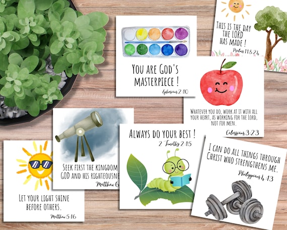 Bible verse lunchbox notes for kids lunch box Christian cards for school lunch notes Scripture notes for kid positive Christian notes