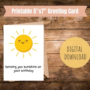 Tarjeta de cumpleaños imprimible que le envía una tarjeta de felicitación de sol para regalo de cumpleaños, tarjeta de sol amarilla para cumpleaños, descarga instantánea de PDF de 5x7 pulgadas