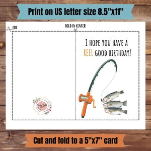 May include: Printable card with a fishing rod and three fish. The card says "I hope you have a reel good birthday!" and is designed to be cut and folded into a 5x7 inch card.