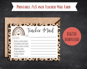 Teacher mail card leopard printable classroom printable note for students teacher post card digital teacher happy mail teacher brag note