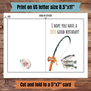 May include: Printable card with a fishing rod and three fish. The card says "I hope you have a reel good birthday!" and is designed to be cut and folded into a 5x7 inch card.