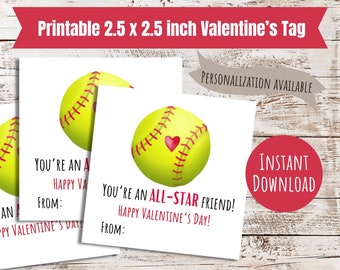 May include: Printable Valentine's Day tags featuring a yellow softball with red stitching and a red heart. The tags are 2.5 inches by 2.5 inches and say "You're an All-Star Friend! Happy Valentine's Day!"