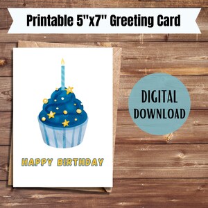 Cupcake birthday card for boy printable happy birthday greeting card for him blue cupcake card for boy bday party gift b day card for nephew