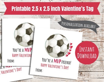 Puede incluir: Etiqueta de San Valentín imprimible de 2,5 x 2,5 pulgadas con una ilustración de acuarela de un balón de fútbol con el texto "You're a MVP" y "Happy Valentine's Day!"