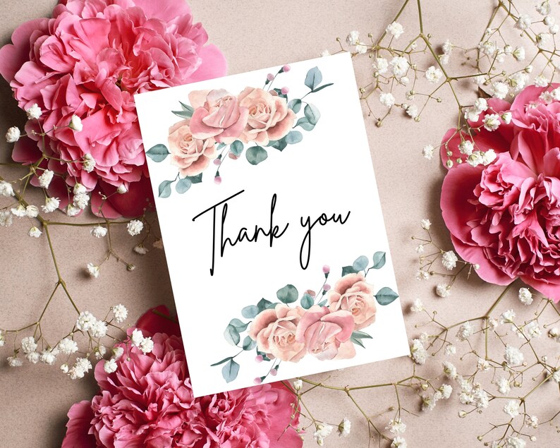 Thank You Card Printable Floral Thank You Card for Wedding Pink Flowers ...