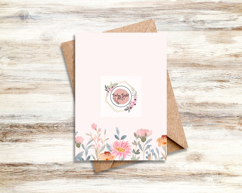 May include: A pink and white floral design card with a gold geometric frame and the text "Darling Delight Art Co." in a circle.
