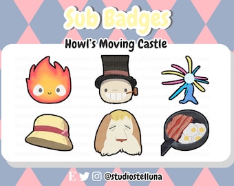 Insignias secundarias Kawaii del castillo en movimiento de Studio Ghibli Howl para transmisión - Twitch, Youtube, Discord / Sub Badges Set: Calcifer, Star Child