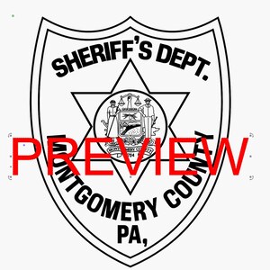 Può includere: Illustrazione in bianco e nero di uno stemma dello sceriffo con una stella a sei punte e il testo "SHERIFF'S DEPT. MONTGOMERY COUNTY PA."