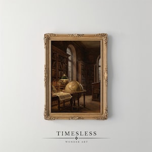 May include: A framed vintage painting of a library interior. The artwork features a globe, books, and a desk with a lamp. The frame is ornate and gold-toned, with the text "TIMELESS" and "WONDER ART" at the bottom.