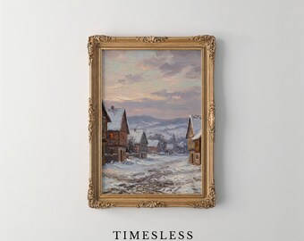 Vintage Winter Village Street Printable - Rustic Snowy Cottage Scene, Cozy Classic Artwork, Moody Winter Landscape, Digital Art Download 14