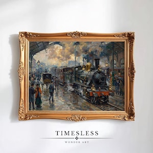 May include: A framed vintage painting of a train station scene. The artwork depicts a steam train on tracks, people with umbrellas, and a horse-drawn carriage. The frame is ornate and gold-colored, with the text "TIMELESS WONDER ART" at the bottom.