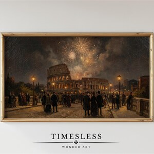 May include: A framed painting depicts the Colosseum at night with fireworks overhead. The artwork features a crowd of people gathered in front of the illuminated ancient structure. The painting has a gold frame and the text "TIMELESS WONDER ART" at the bottom.
